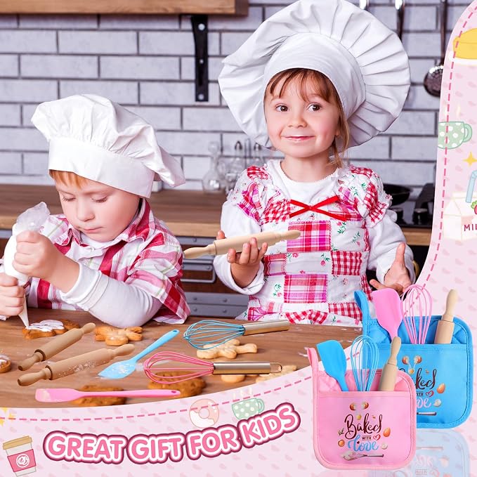 RoundFunny 48 Pcs Kids Mini Baking Supplies with Kitchen Utensil, Pot Holders, Spatula, Rolling Pin, Whisk for Kids Classroom School Exchange Party Favors (Medium)