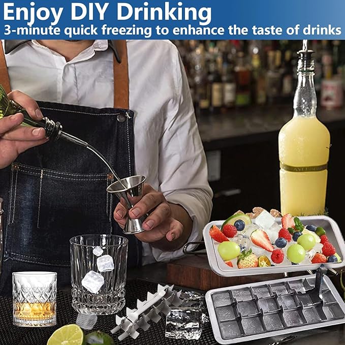 Stainless Steel Ice Cube Trays, Metal Ice Cube Trays for Freezer Vintage Inspired Design with Release Lever Remove Handle for Making Large Cubes Kitchen & Bar (2 pcs)
