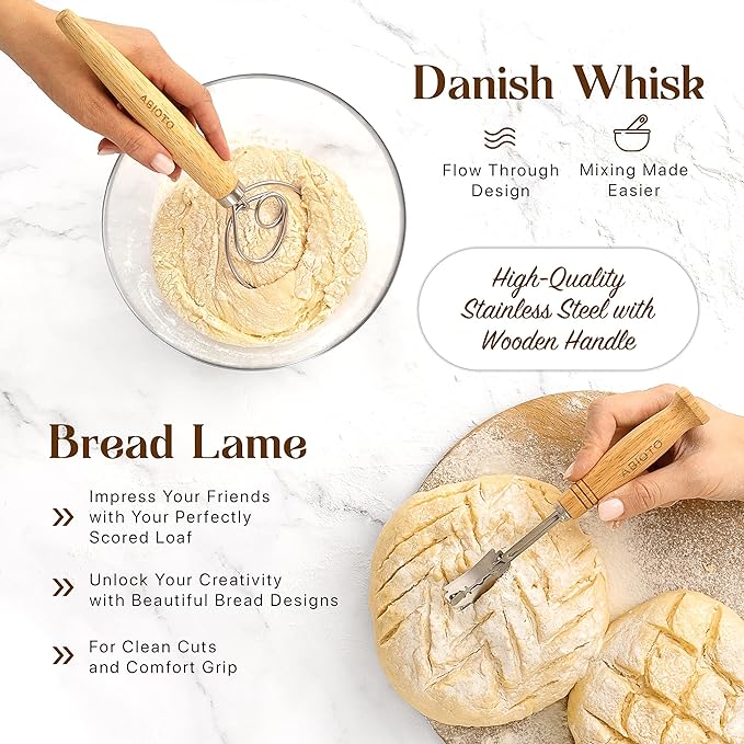 ABIOTO Sourdough Bread Baking Kit - 14-Piece Set with 9" Round & 10" Oval Rattan Banneton Proofing Baskets, Liners, Bread Lame, Danish Whisk & Scrapers for Home Bakers