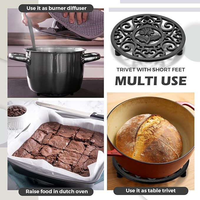 LEIFIDE 4 Pack Cast Iron Trivet with Pegs 5.2 Inch Round Metal Trivet with Vintage Patterns Rustproof Heat Resistant Hot Pot Plate Stand Holder Mat Pad for Kitchen Dining Table, Black