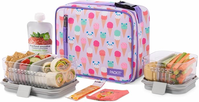 PackIt Freezable Classic Lunch Box, Ice Cream Critters, Built with EcoFreeze Technology, Collapsible, Reusable, Zip Closure With Zip Front Pocket and Buckle Handle, Designed for Fresh Lunch On the Go