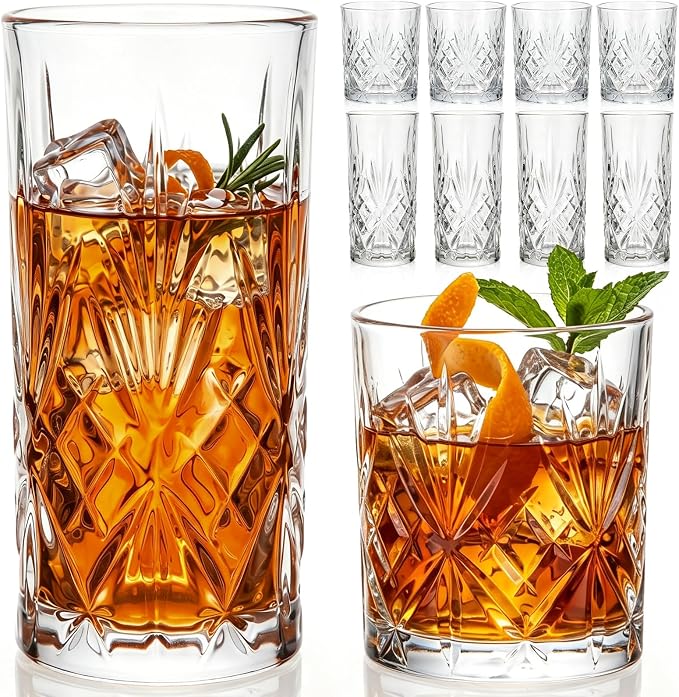 Whisky Drinking Glasses Set of 8, Mixed Glassware Set, 4 Pcs Crystal Whiskey Glasses 12 oz Highballs and 4 Piece 8 oz Cocktail Rocks Glass for Bourbon Scotch Liquor Cocktails Barware