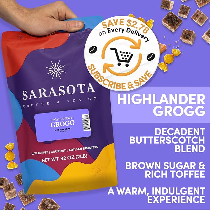 2 lb Highlander Grogg Ground Coffee | Butterscotch Caramel Vanilla Flavored Coffee | Bulk Medium Roast Flavored | Specialty Grade | 32 oz