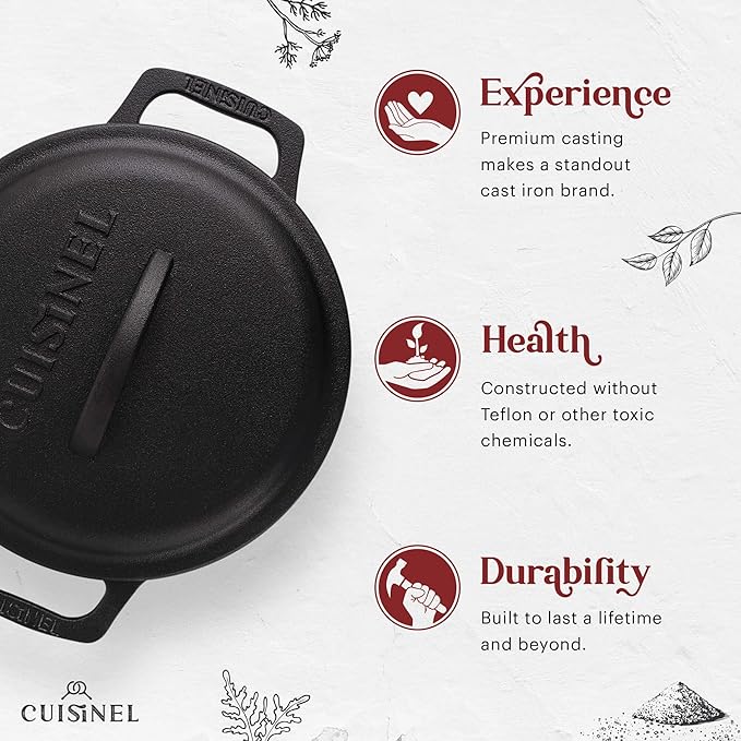 Cuisinel Cast Iron Dutch Oven - 3-Quart Deep Pot + Lid + Pan Scraper + Handle Covers - Large Pre-Seasoned Cooker for Baking Bread, Soup, Frying - Indoor/Outdoor - BBQ Cookware. PFAS and PFOA-free