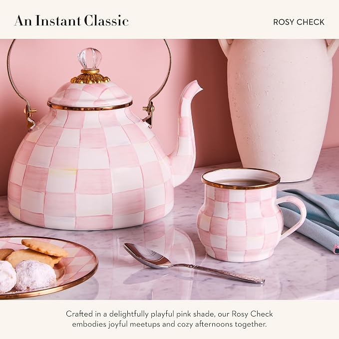 MACKENZIE-CHILDS Enamel Mug, Cute Enamelware Coffee and Tea Mug, Unique Drinkware, 16 Ounces, Pink-and-White Rosy Check, Set of 1