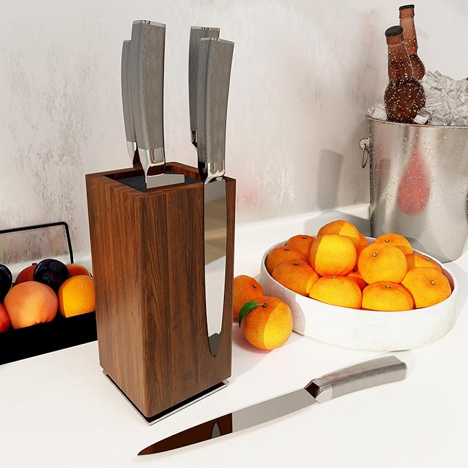 Brosisincorp 360° Rotating Magnetic Knife Block without Knives - Universal Holder for Counter Top with Removable Bristles, Acacia Wood
