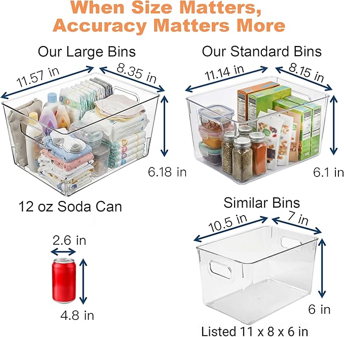 MOONEDGE Large Clear Plastic Storage Bins 4 Pack, 12" x 8" x 6" Stackable & Durable Organizers for Kitchen, Pantry, Refrigerator & Bathroom – Food Safe, Easy to Clean, Ideal for Home Organization