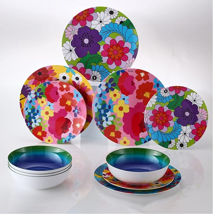 French Bull Assorted Plates - 4 Piece Set - 9 inch Melamine Salad Plates Set of 4 - Melamine Dinnerware for Indoor and Outdoor - Assorted Garden Floral