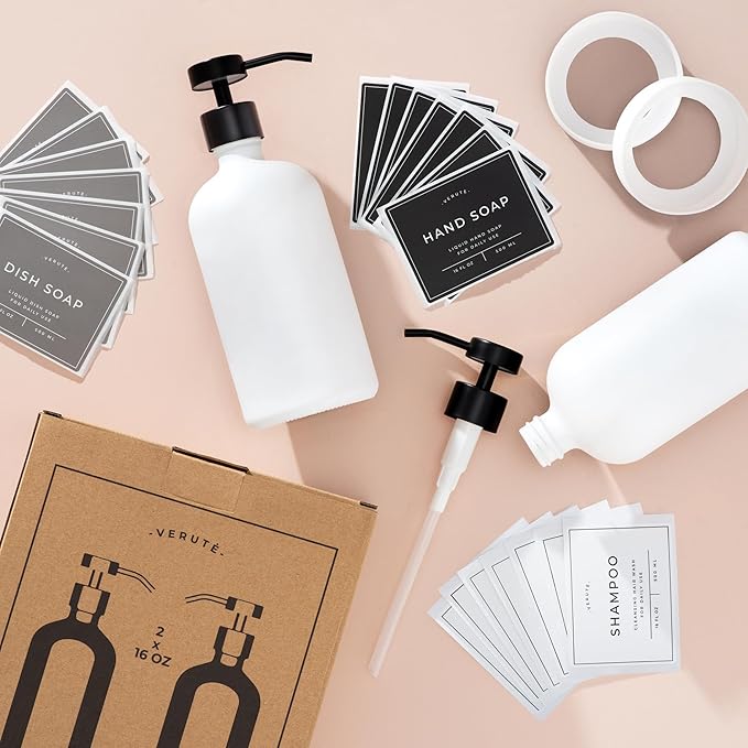 Hand and Dish Soap Dispenser for Kitchen and Bathroom, Set of 2 16 Oz Glass Bottles, Stainless Steel Pumps, Non-Slip Silicone Base, 27 Waterproof Labels (Matte White Bottle/Black Pump)