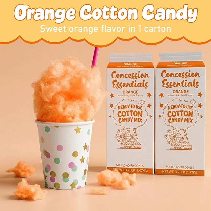 Perfectware Concession Essentials Orange Cotton Candy Mix – Ready-to-Use Floss Sugar for Cotton Candy Machines – Makes 60–70 Cones – 3.25 lb Carton – Carnival Style Cotton Candy Sugar