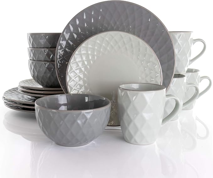 Elama Round Stoneware Collection Dinnerware Dish Set, 16 Piece, Slate and Pearl