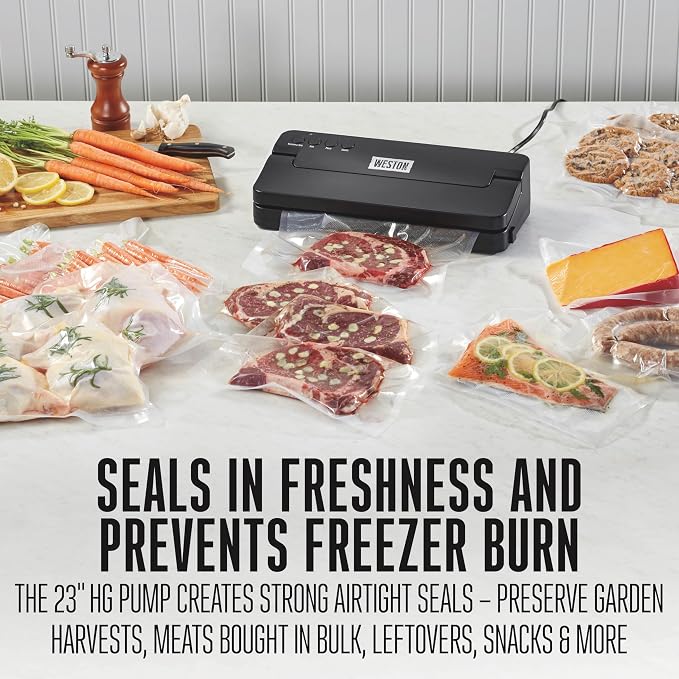 Weston Compact Vacuum Sealer Machine For Food With Powerful 23” Hg Pump | For Bags Up To 11” Wide | 100 Watts | Corner Guides for Easy Align | Intuitive Controls + Pulse Function | Black | 65-2061-W