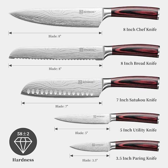 KEEMAKE Knife Set 5 Pieces, Professional Kitchen Knife Set, High Carbon Stainless Steel Chef Knife Set, Ultra Sharp Blade Knives Set for Kitchen with Ergonomic Pakkawood Handle & Gift Box