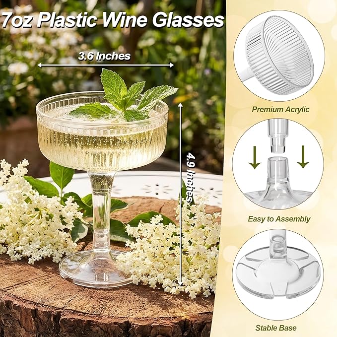 Houmury 20 Pcs 7oz Plastic Champagne Glasses Unbreakable Plastic Martini Glasses Flutes Reusable Clear Acrylic Coupe Drinkware For Wedding Birthday Party (20, Clear)
