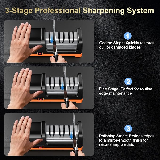 2026 New Electric Knife Sharpener for Kitchen Knives, 3-Stage Professional Automatic Quickly Sharpening/Polishing System with 100% Diamond Abrasives, 20° Precision Angle, Non-Slip Base, Black/Orange