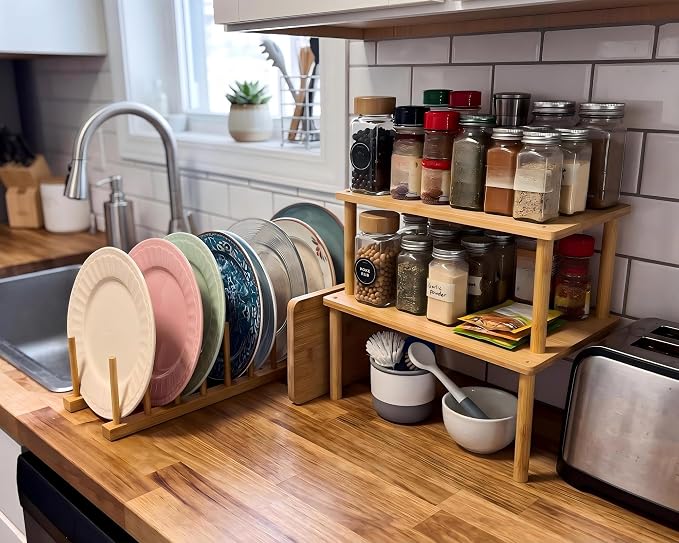 Marsui 4 Pcs Kitchen Organizer Accessories Set Cabinet Organizer Shelf and Bamboo Dish Drying Plate Rack Counter Shelves Storage Holder for Spice Rack, Dish, Pot Lid, Bowl, Cup (Wood Color)