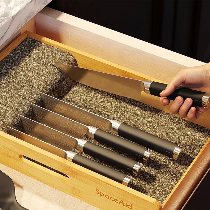 SpaceAid Knife Drawer Organizer 9 inches Wide Bamboo Insert Dock, Kitchen Steak Knives Holder Organizers Block for Drawer in Storage Organization (Medium, Natural)