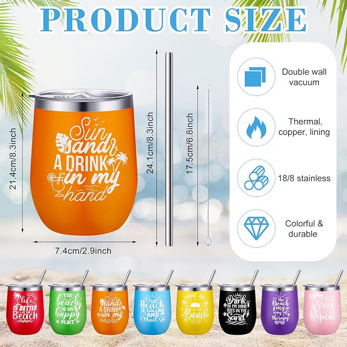 Sliner 8 Pcs Beach Girls Trip Wine Tumbler with Lids Summer Beach Travel Gifts 12oz Stainless Steel Wine Cups for Girls Women Weekend Trip Vacation Cruise Seaside Gifts