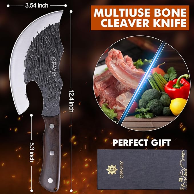 OPAYLY Butcher Meat Cutting Cleaver Knifes Hand Forged Viking Cleaver with Cover Meat Bone Kitchen Knifes High Carbon Bone Choppe for Kitchen Outdoor Camping BBQ men gifts