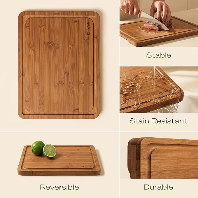 ROYAL CRAFT WOOD Wooden Cutting Boards for Kitchen Meal Prep & Serving - Bamboo Wood Cutting Board Set with Deep Juice Groove Side Handles - Charcuterie & Chopping Butcher Block for Meat (Set of 3)