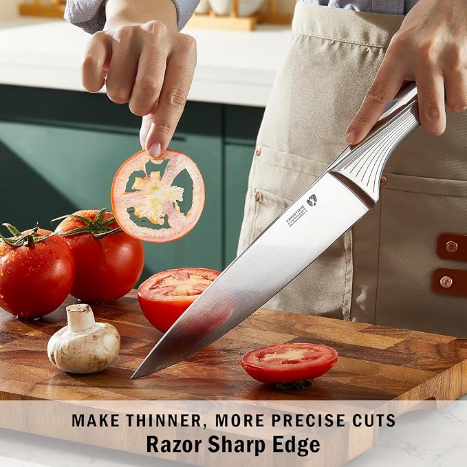 KINGSTONE Kitchen Knife Set with Block,14 Pcs German Stainless Steel Knife Set with Built-in Sharpener, Dishwasher Safe Knife Block Set (walnut, 14pcs)