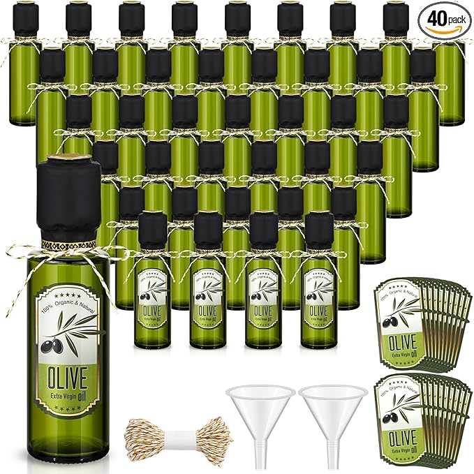 Reallnaive 40 Pcs 4 oz Mini Glass Olive Oil Bottles Empty Sauce Condiment Bottles with Dropper Inserts and Sticker Seals Caps for Gifts Kitchen (Olive Pattern,Dark Green)