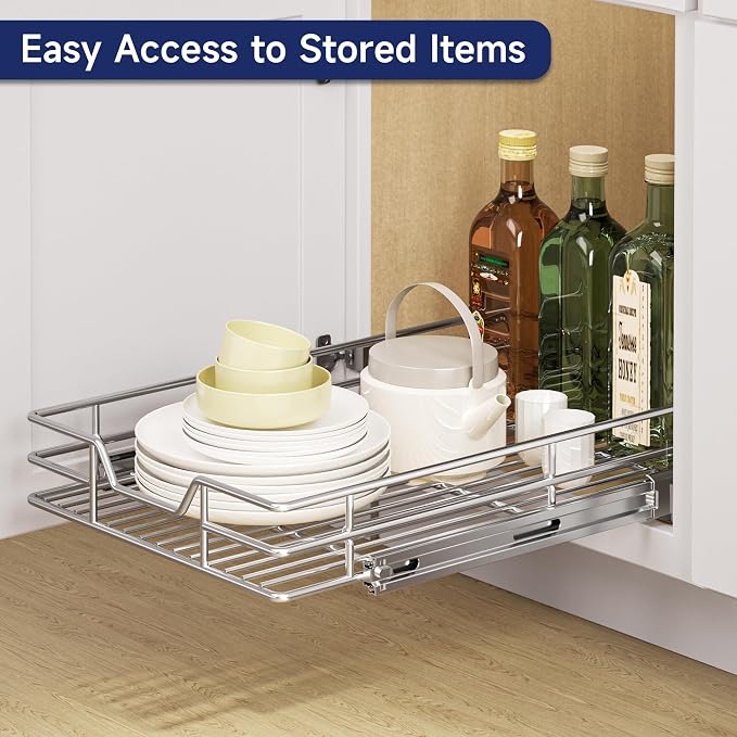 Pull Out Cabinet Organizer, 12.5" W x 21.5" D, Heavy Duty Chrome Slide Out Shelf for Narrow Base Cabinets, Sliding Wire Basket Drawer for Spices, Bottles, Snacks & Cleaning Supplies