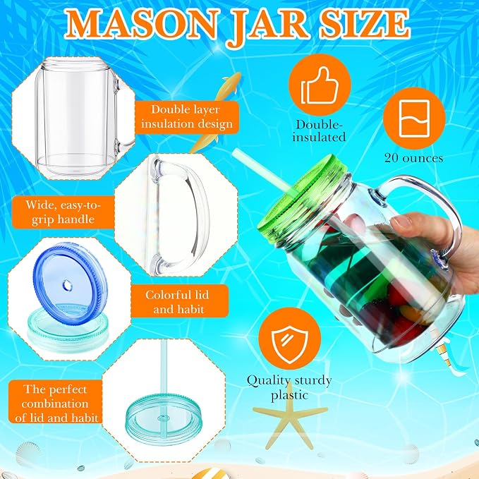 Suclain 10 Pack Plastic Mason Jars with Handles, Lids and Straws Mouth Mason Jar Mugs 20 oz Double Insulated Tumbler with Straw Large Clear Plastic Mug for Adults(Fresh Color)