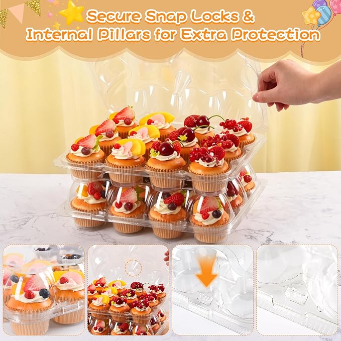 12 Pack x 20 Sets Plastic Cupcake Containers, Stackable Cupcake Boxes Holders with Tall Dome Lid, Disposable Clear Cupcake Carrier Trays for Bakery Transport