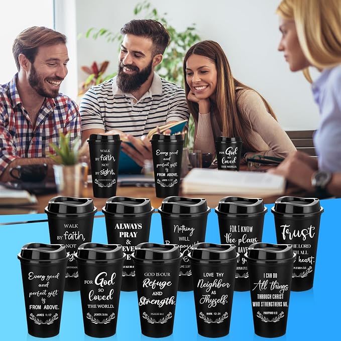 Skylety 20 Pack Bulk Christian Gifts for Men Women 16oz Reusable Bible Verse Tumbler Plastic Coffee Cup with Lid Inspirational Religious Church Gift for Teacher Graduation Party Favor (Black)