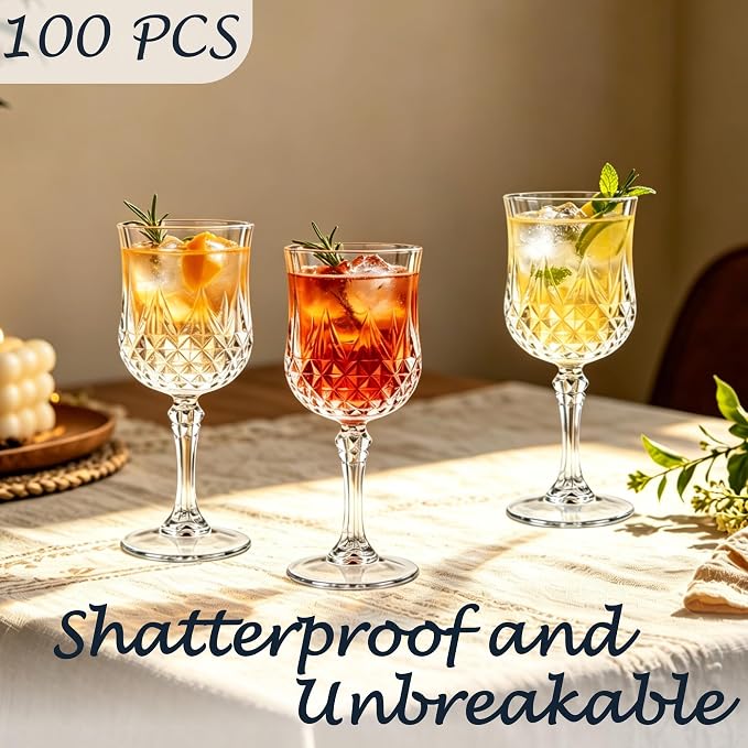 Plastic Wine Glasses, Plastic Goblets Vintage Style Cordial Unbreakable Drinking Glasses, Reusable Drinkware for Wedding Reception, Grand Event Party Supplies (100, Transparent)