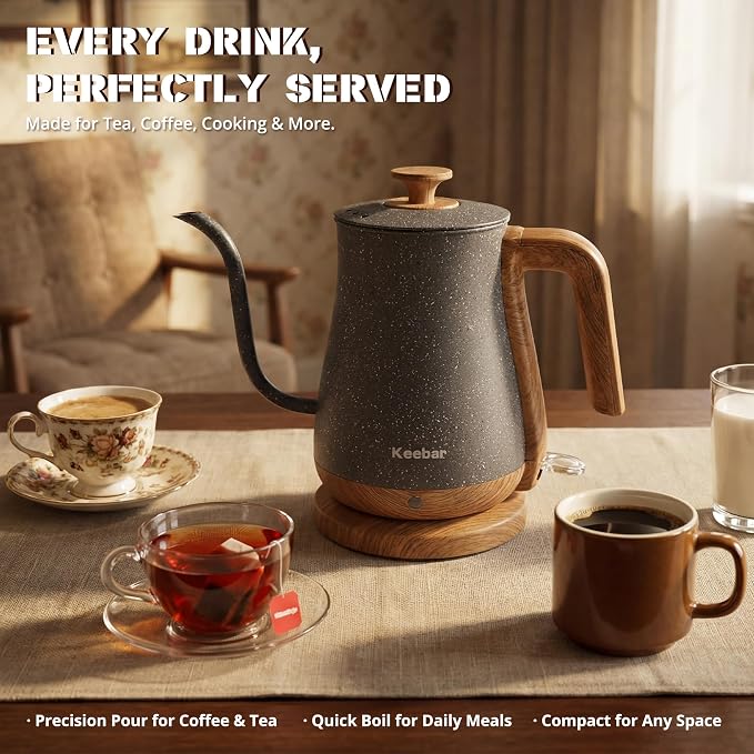 Electric Tea Kettle, Electric Kettle Stainless Steel, 1000W Tea Kettle Electric Auto Shut Off, 0.8L, Wood-like Grain Finish Handle, Ice Crackle