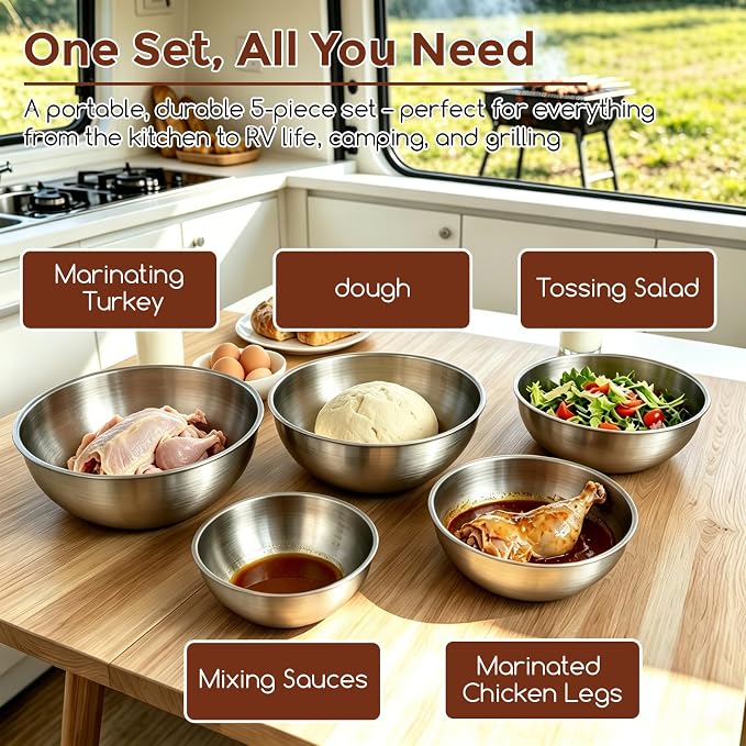 Gronivex 304 Stainless Steel Mixing Bowls, 5-Piece (1.5-5.3 Qt) | Food-Grade Metal, Dishwasher safe，Stackable Nesting & Space-Saving – Ultimate for Large Family Baking or Party Cooking