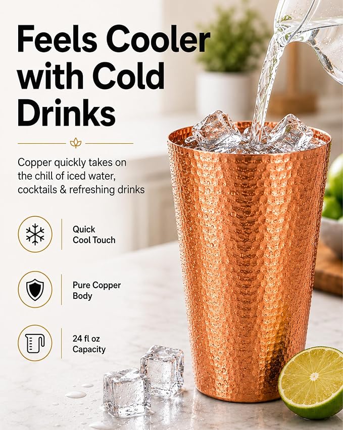 Pure Copper Cup for Drinking Water, 24oz Unlined Copper Tumbler, | Real Solid Copper Glass for Beer, Wine & Coffee