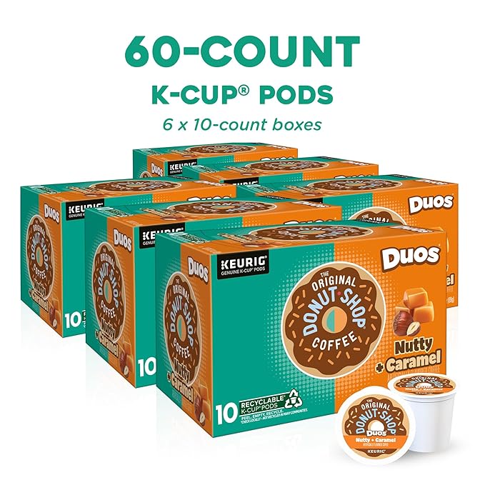 The Original Donut Shop Duos Nutty + Caramel Coffee, Keurig Single Serve K-Cup Pods, Light Roast Coffee, 60 Count, (6 Packs of 10)