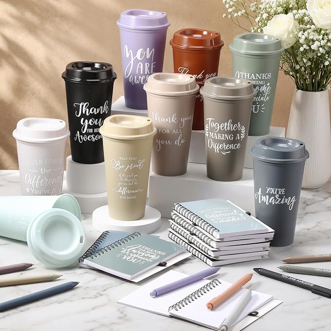 Teenyyou 135 Pcs Employee Appreciation Gift Set, 16oz Tumbler with Lid Notebook Pen Bulk Thank You Gift Holiday Party Favor for Teachers Office Coworker Teacher Staff Team (Dark Color,Elegant Style)
