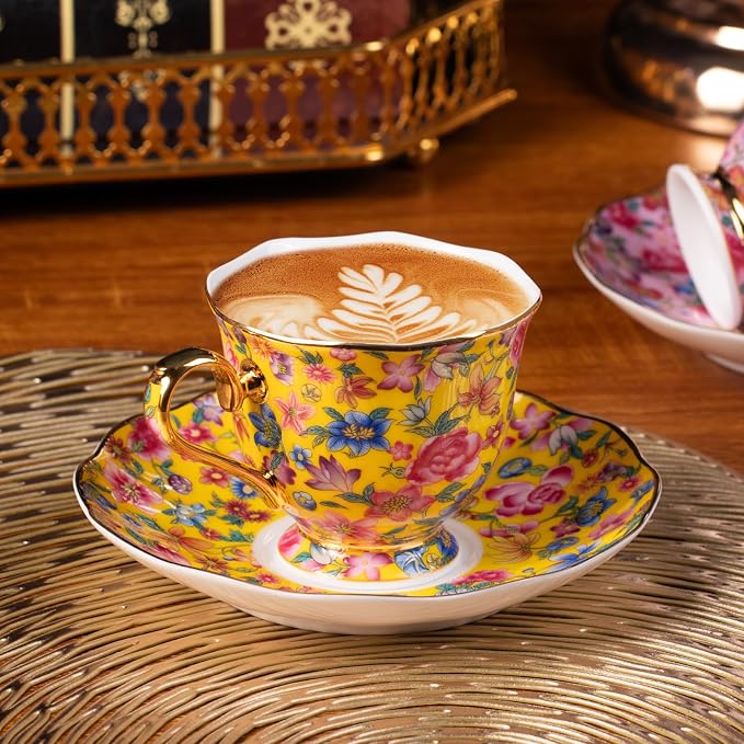 KAMMAK Tea Cups and Saucers Set of 2, Porcelain Coffee Cups, 6.3oz Stackable Espresso Mugs, Ceramic Demitasse for Coffee, Latte, Americano, Tea (645N+646N)