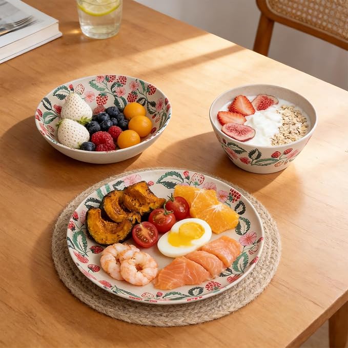 Unbreakable Dinnerware Set for 4 Natual Strawberry 12 Piece Melamine Wheat Straw BPA Free Lightweight Dishwasher Safe Shatter Resistant for Picnic Garden Breakfast