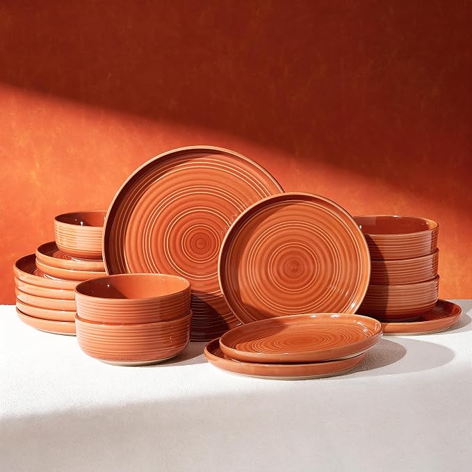18-Piece Stoneware Dinnerware Sets for 6 - Farmhouse Coupe Plates and Bowls with Speckles & Spirals - Chip & Scratch Resistant, Microwave & Dishwasher Safe - Gift Box, Terracotta