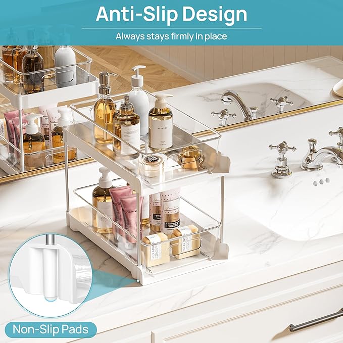 Vtopmart 4 Pack Bathroom Organizer, 2 Tier White Under Sink Organizers Vanity Countertop Storage Container,Cabinet Drawers Bins, Pull-Out Organization with Track for Pantry, Kitchen