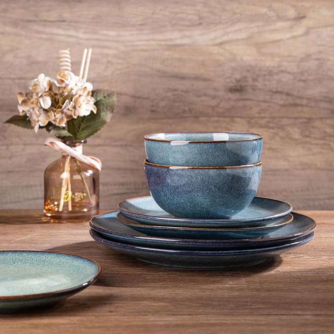 GBHOME 24 Pieces Double Bowls Dinnerware Sets for 6, Stoneware Plates and Bowls Set with Reactive Glaze, Scratch Resistant Stoneware Dishes Set, Dishwasher & Microwave Safe
