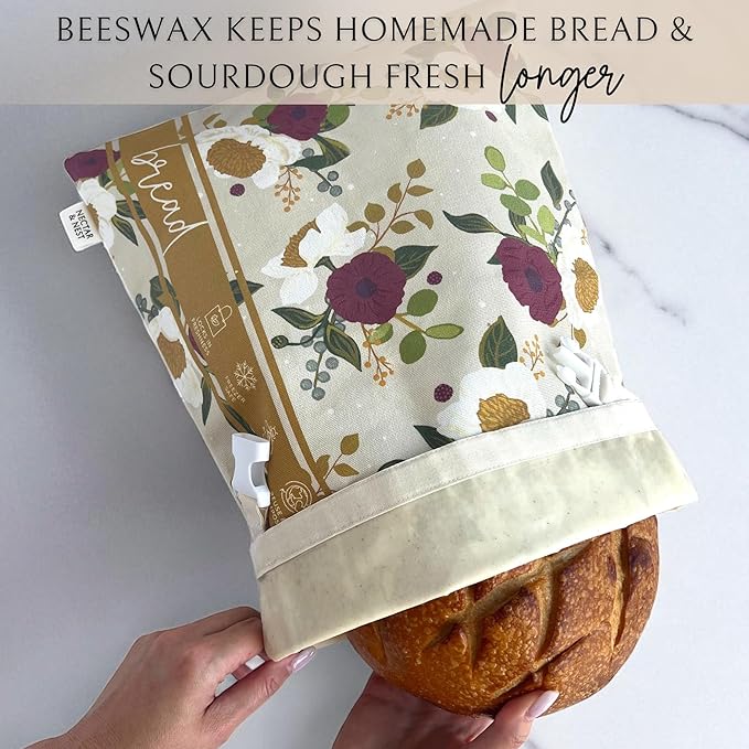 Nectar & Nest Bread Baker Set, Reusable Beeswax Bread Bags for Homemade Bread, Sourdough Bag, Organic Cotton Beeswax Bowl Cover, Limited-Edition Artist Series (December Blooms by Mackenzie Nelson Art)