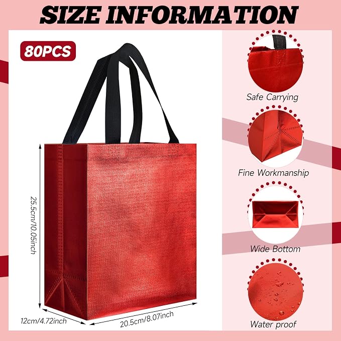 Eccliy Reusable Gift Bags Set Glossy Grocery Gift Tote Bag with Handle for Wedding, Bridal Shower, 4th of July, Summer Event(10 x 8 x 4.7 Inch,Red with Black Handles,80 Pcs)