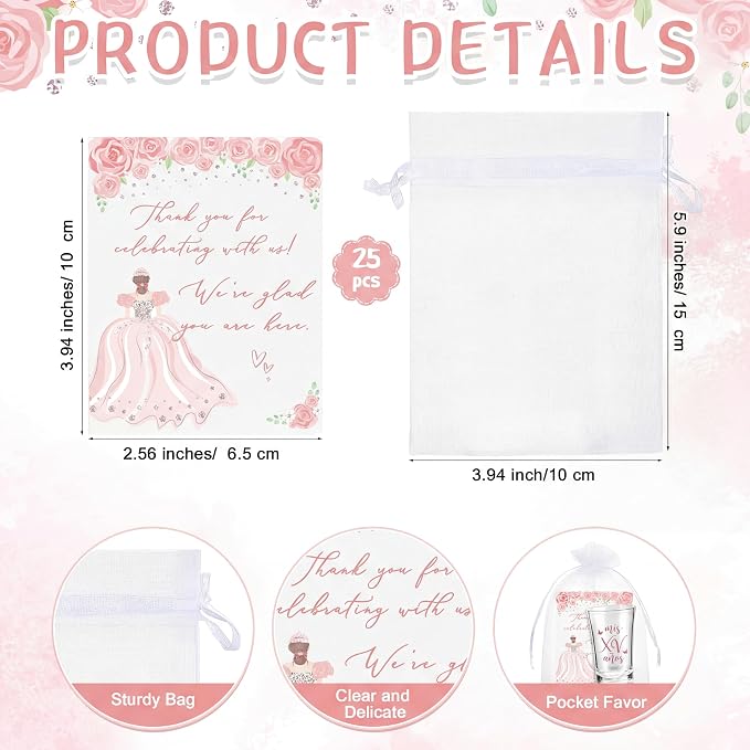 Havawish 25 Sets Quinceanera Party Favors for Guests Quinceanera Acrylic Clear Personalized Shot Glasses Thank You Cards with Organza Bags Mis Xv Años Sweet 15 Birthday Party Favors (Pink)