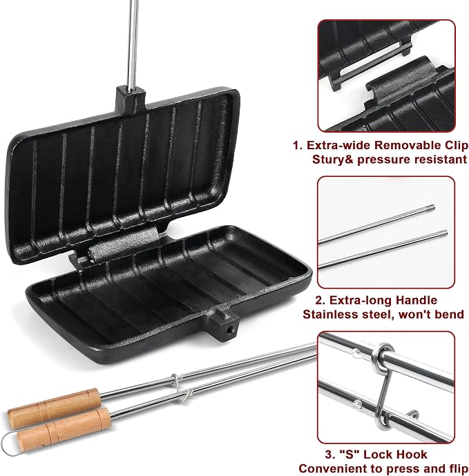 Double Pie Iron for Camping Cast Iron, Pre-seasoned Cast Iron Campfire Sandwich Maker, Mountain Pie Maker, Portable Campfire Cooking Equipment Camp Cooker