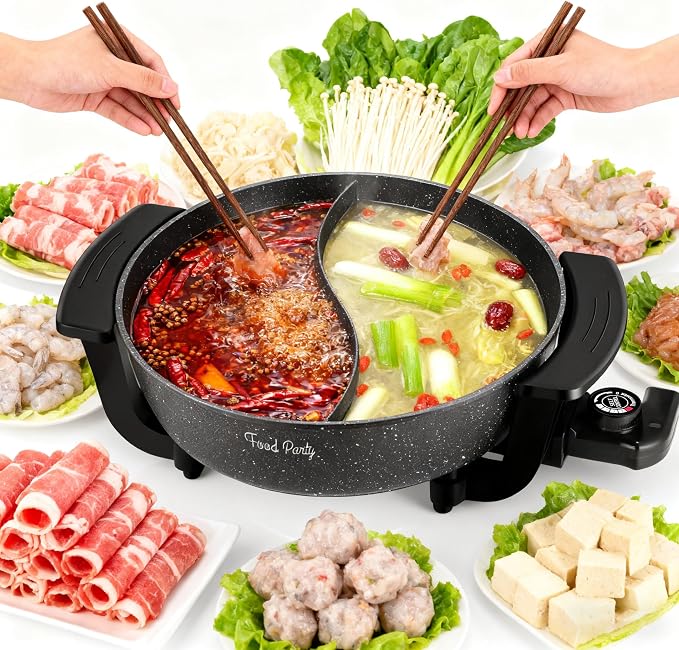 Food Party Electric Hot Pot 6L with Divider Hotpot Pot Electric Shabu Shabu Pot 110V 1200W PFOA FREE Non-Stick Chinese Hot Pot 5-Level Temperature Control