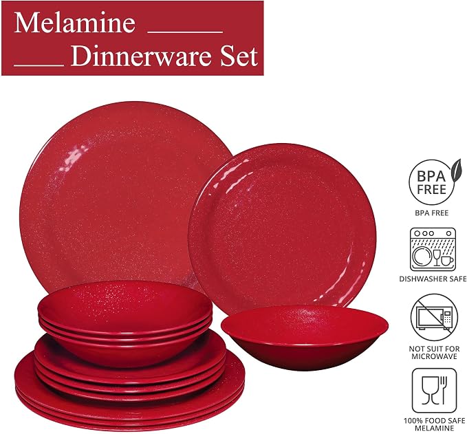 UPware 12 Piece Twinkle Dust Melamine Dinnerware Sets, Outdoor Dishes Set, Plates and Bowls Sets, Christmas Decorations, Service for 4, Red