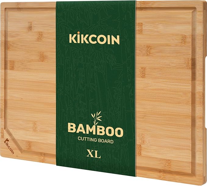 Kikcoin 17”×11” Bamboo Cutting Boards for Kitchen, Healthy Wooden Cutting Boards for Kitchen, Charcuterie, Extra Large Chopping Boards with Deep Juice Groove, Fathers Day Gift for Men, Natural