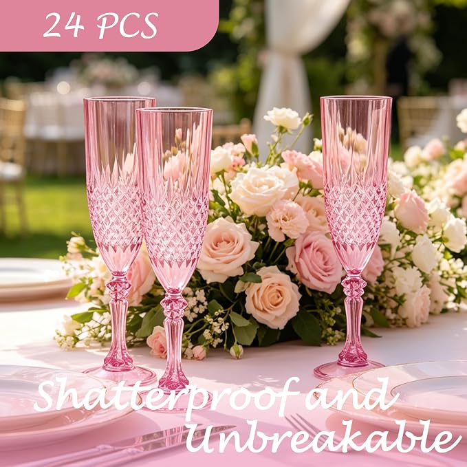Plastic Champagne Flutes, Champagne Glasses Bulk, Reusable Unbreakable Acrylic Wine Glasses Goblets for Weddings Bachelor Parties Toasting Bridal Shower (24, Pink)