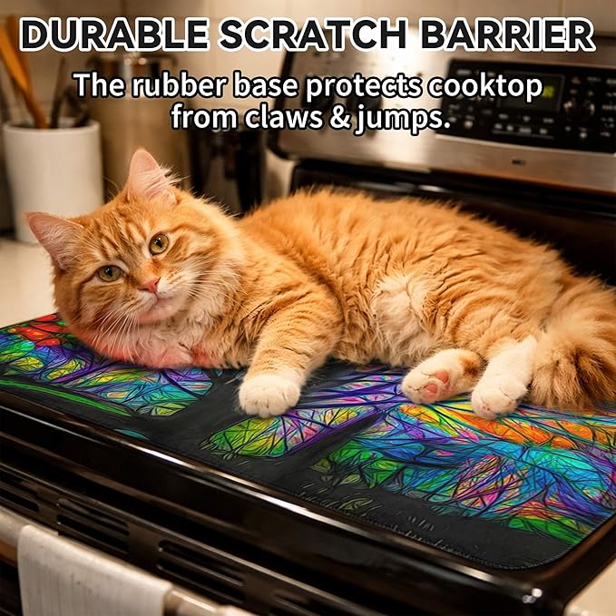 Decorative Stove Top Covers for Electric Stove 28"x20" – Heat Resistant Glass Cooktop Protector Dish Drying Mat – Non-Slip Rubber Backing Washer Top Cover Waterproof Extra Counter Space (Tree 2)